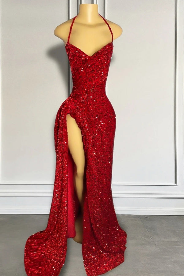 Halter Burgundy High Split Floor Length Prom Dresses-Ballbella