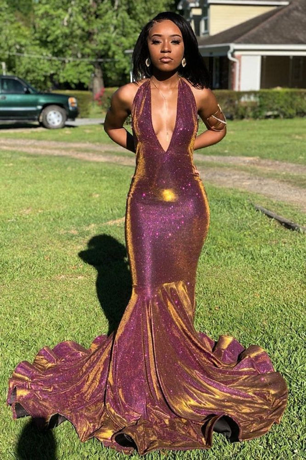 Halter Chic V-neck Sparkle Prom Dresses Fit and Flare Sleeveless Elegant Evening Gowns-Ballbella