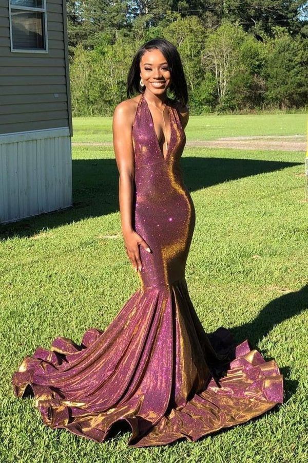 Halter Chic V-neck Sparkle Prom Dresses Fit and Flare Sleeveless Elegant Evening Gowns-Ballbella