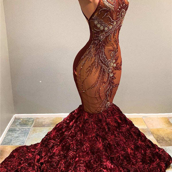 Halter Fit and Flare Flowers Maroon Prom Dresses Full Beads Sequins Luxurious Evening Dress Halter Fit and Flare Flowers Maroon Prom Dresses Full Beads Sequins Luxurious Evening Dress