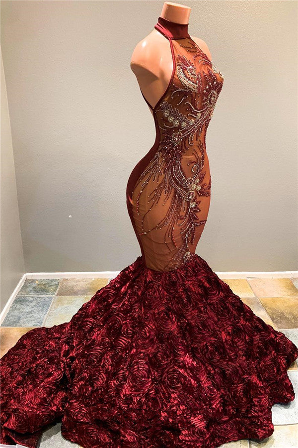 Wanna Prom Dresses, Real Model Series in halter,  Mermaid style,  and delicate sequin work? Ballbella has all covered on this elegant Halter Fit and Flare Flowers Maroon Prom Dresses Full Beads Sequins Luxurious Evening Dress.