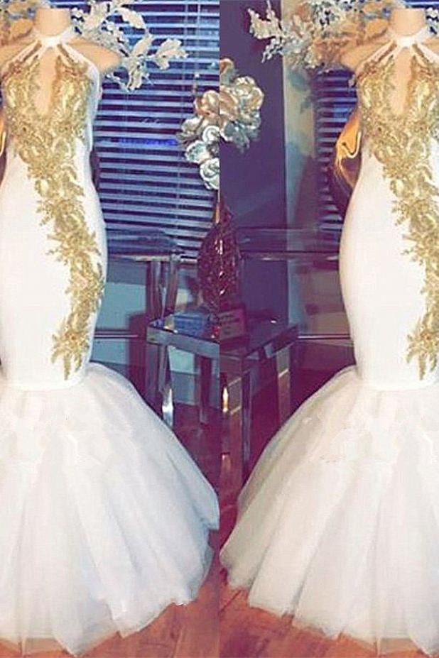 Halter Gold Beads Mermaid Prom Dresses Sleeveless White Evening Gown With Appliques-Ballbella