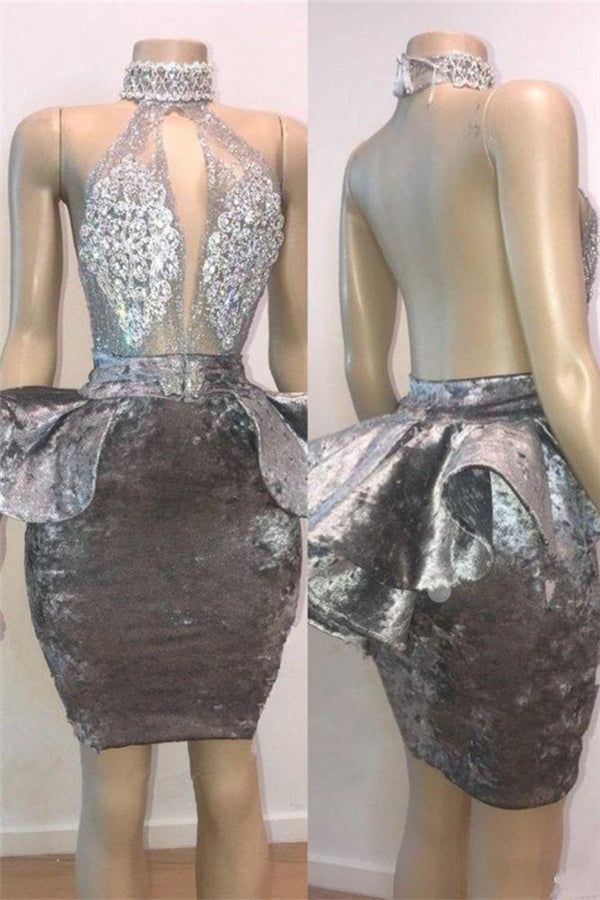 Halter Keyhole Neckline Appliques Short Prom Dresses-Ballbella