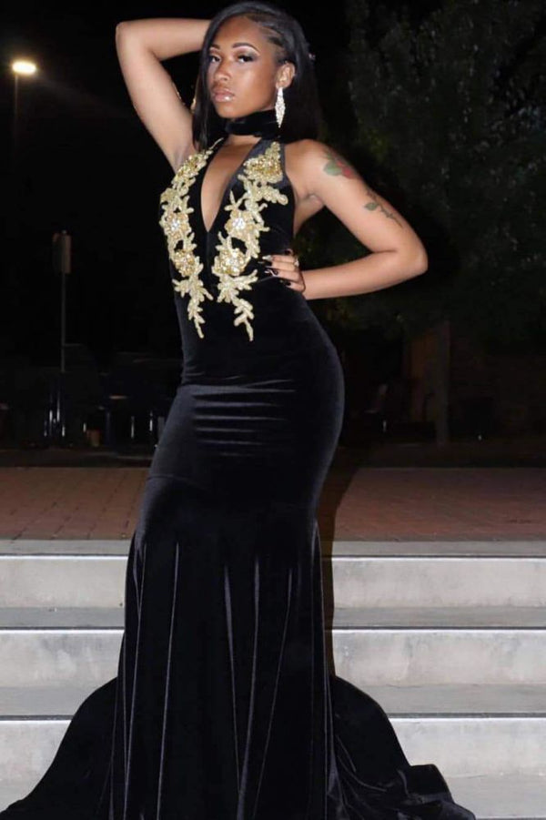 Looking for Prom Dresses in Stretch Satin,  Mermaid style,  and Gorgeous work? Ballbella has all covered on this elegant Halter Keyhole Neckline Golden Appliques Black Velvet Mermaid Evening Gowns.