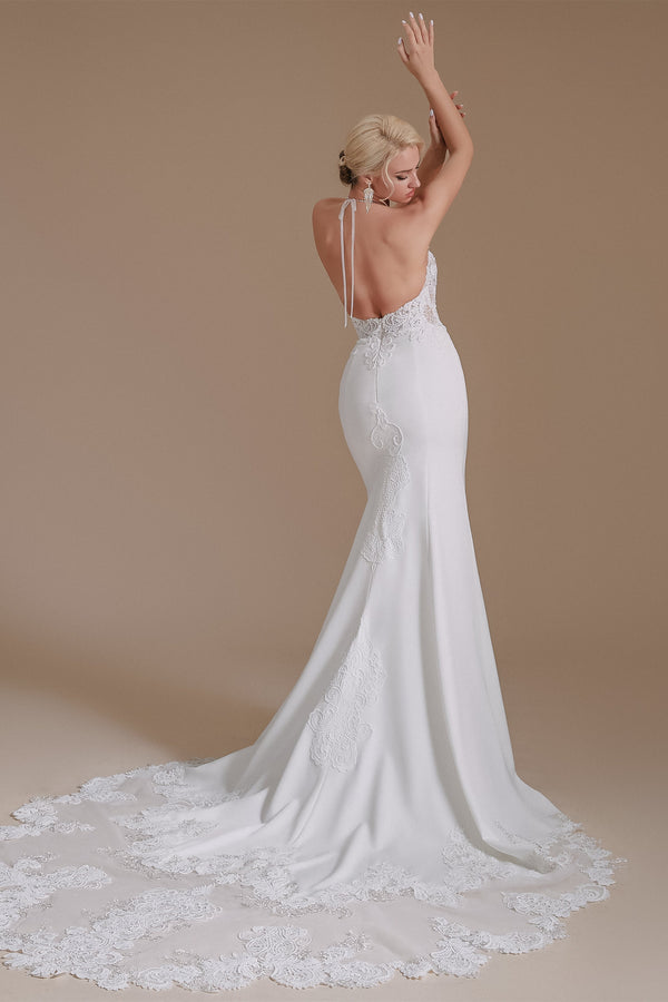 Halter Lace Applique Mermaid Wedding Dress | Ballbella Design-Ballbella