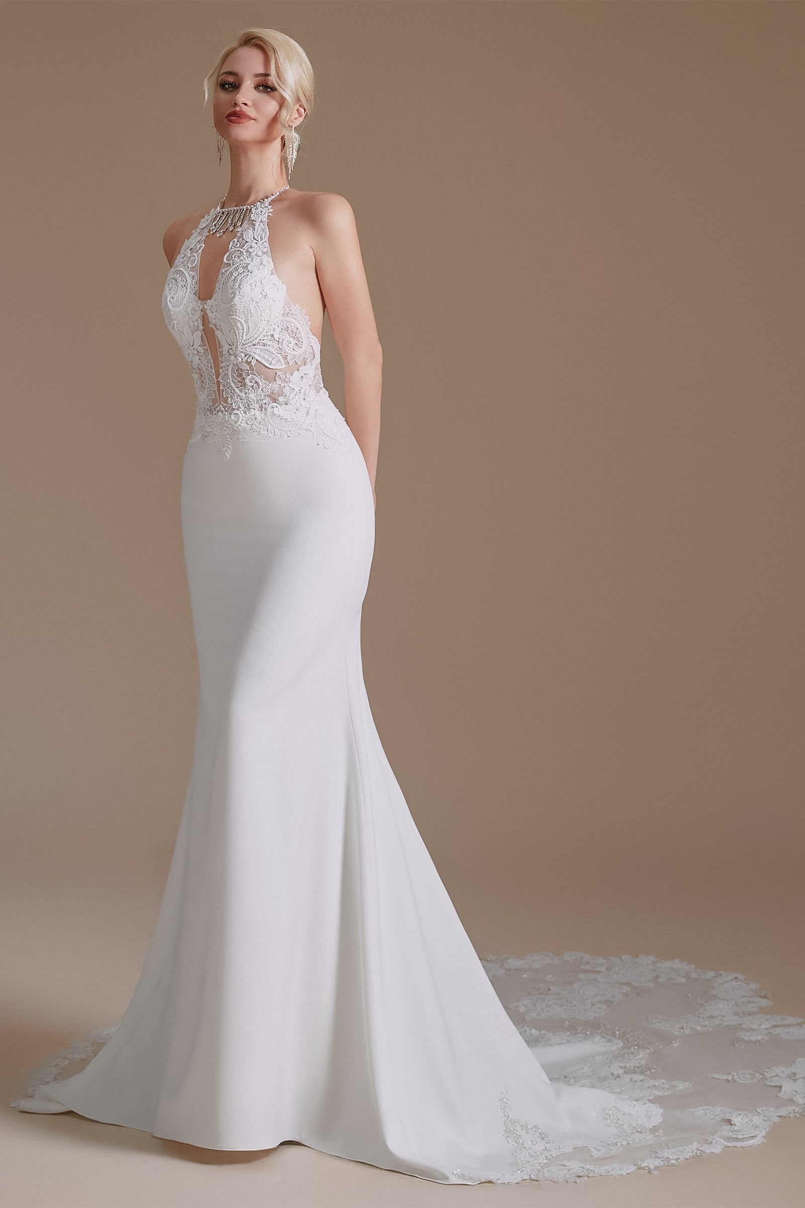 lace halter mermaid wedding dress Ivory Halter Neck Racer Back Lace Wedding Gown Appliqued Mermaid Wedding Dress AWD1708