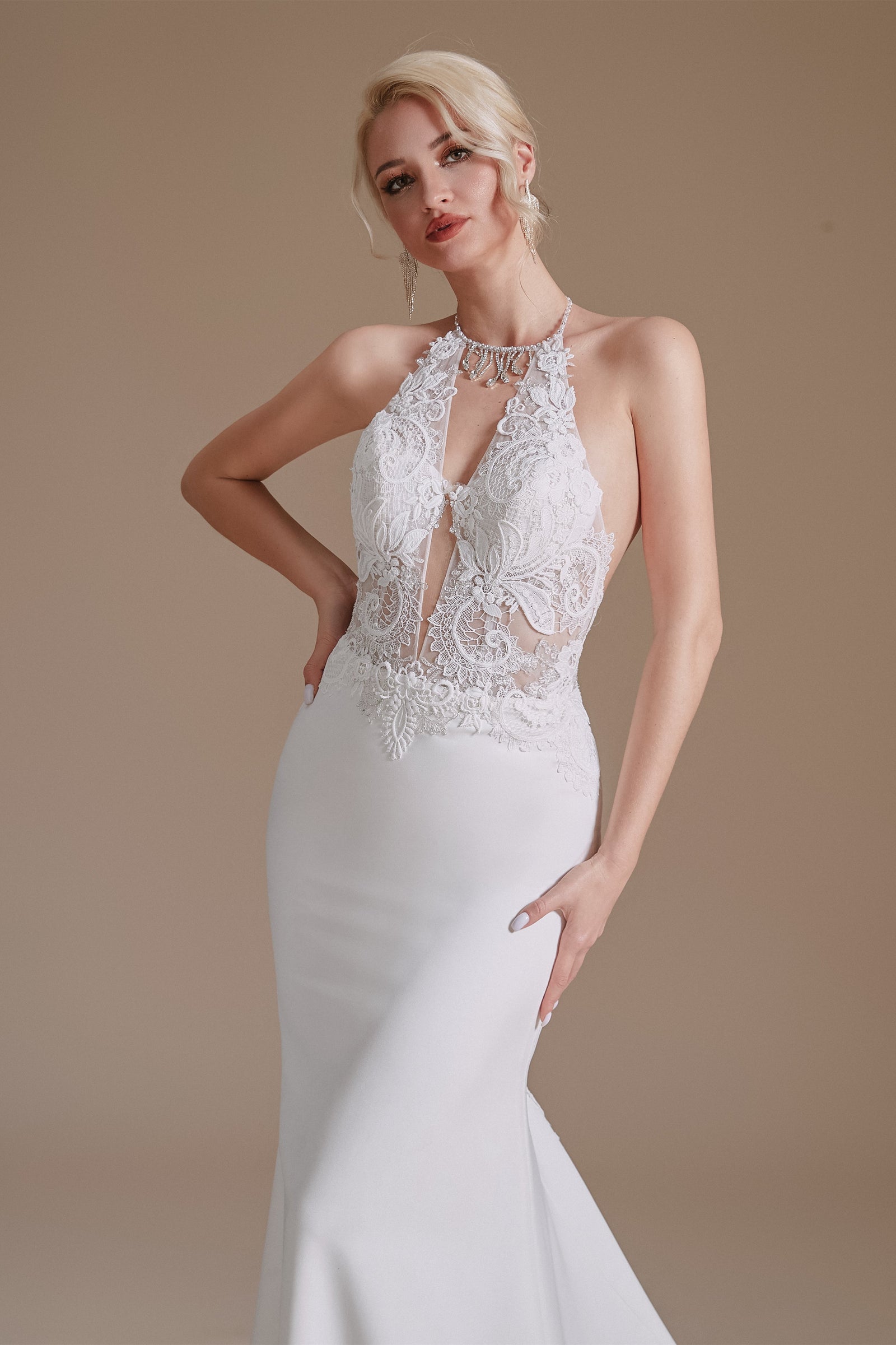 Halter Lace Applique Mermaid Wedding Dress