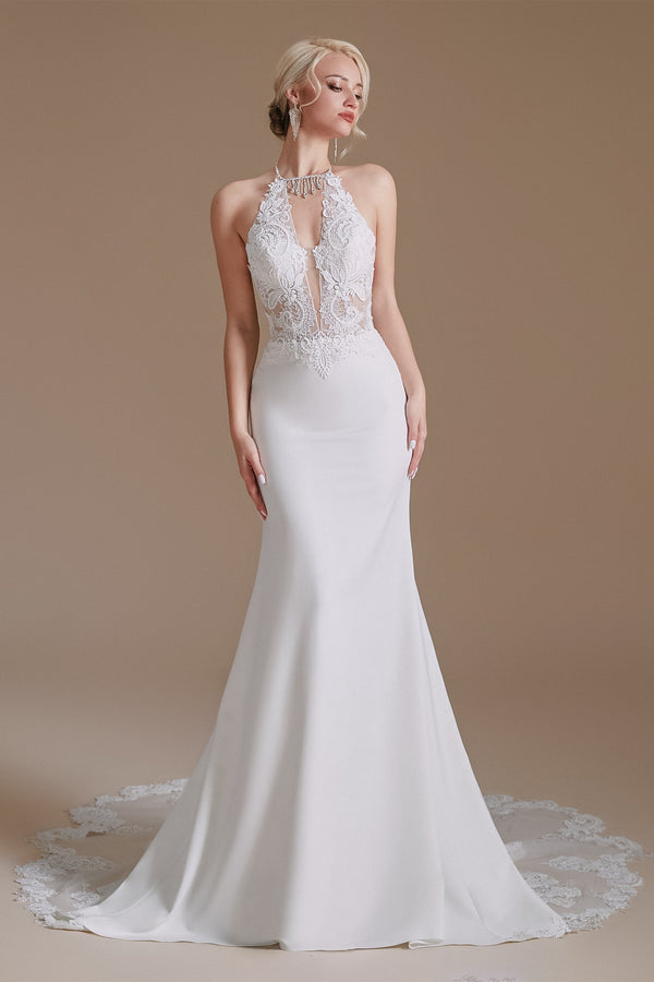 Halter Lace Applique Mermaid Wedding Dress | Ballbella Design-Ballbella
