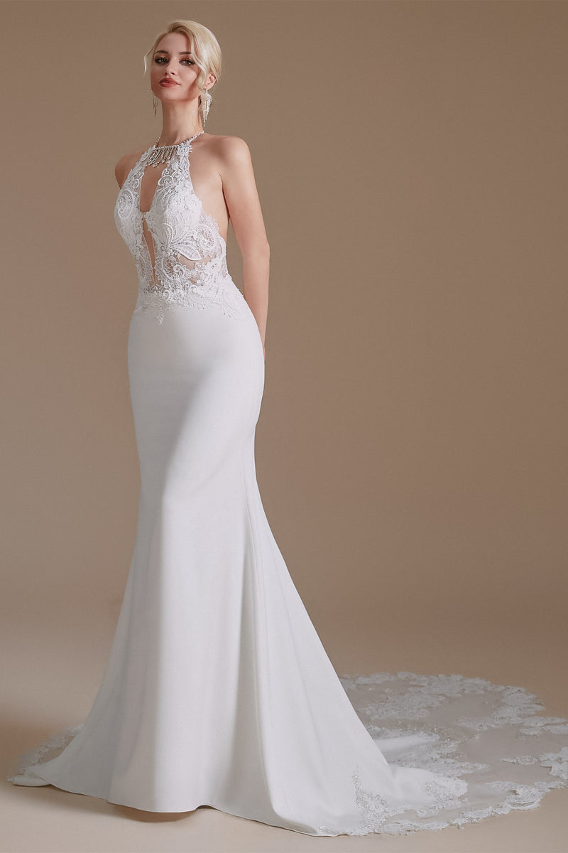 Halter Lace Applique Mermaid Wedding Dress | Ballbella Design-Ballbella