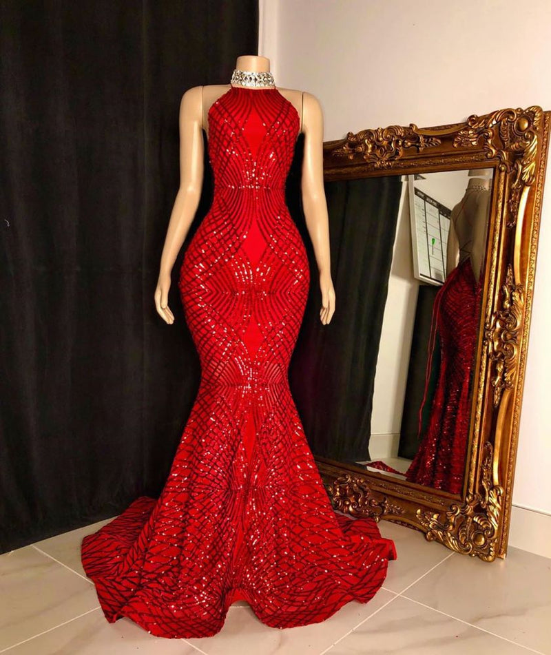 Looking for Prom Dresses, Evening Dresses, Real Model Series in Satin,  Mermaid style,  and Gorgeous Sequined work? Ballbella has all covered on this elegant Halter Lace-up Sequins Floor Length Red Mermaid Prom Dresses.