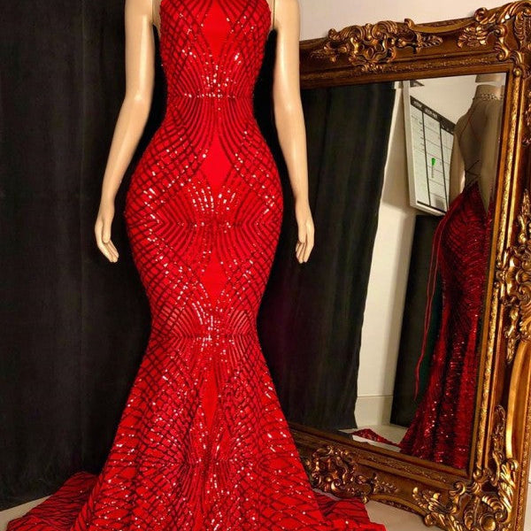 Halter Lace-up Sequins Floor Length Red Mermaid Prom Dresses – Ballbella