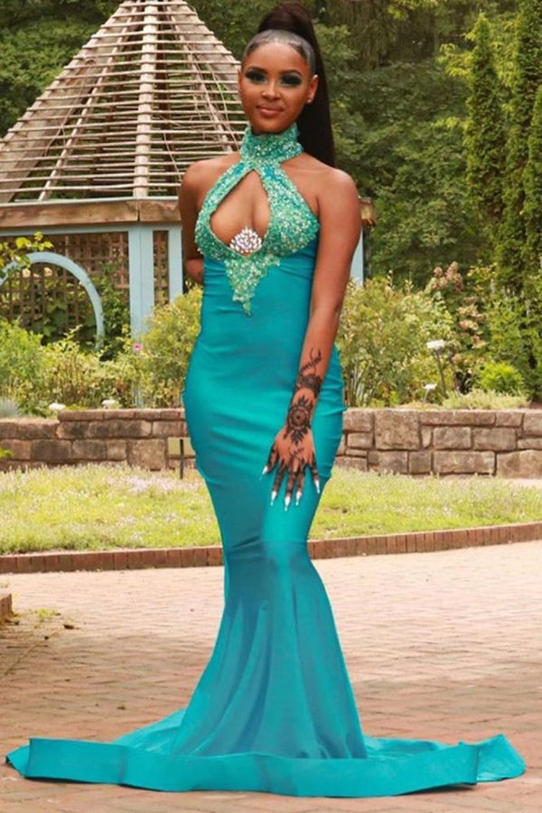 Looking for Prom Dresses in Stretch Satin,  Mermaid style,  and Gorgeous Sequined, Hollowout work? Ballbella has all covered on this elegant Halter Mermaid long Evening Dress party wear.