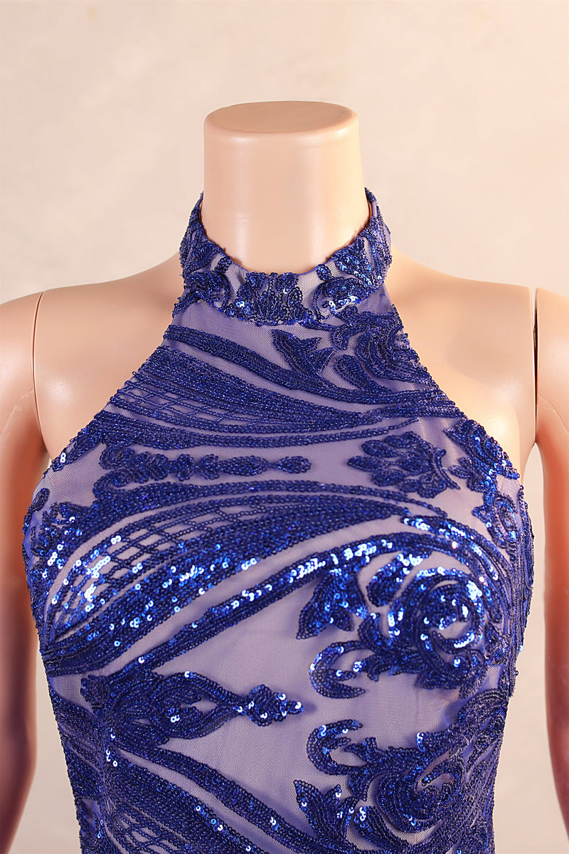 Halter Mermaid Sweep Train Backless Sleeveless Beading Evening Dress-Ballbella