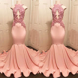 Find the Halter Pink Lace Prom Party Gowns| Mermaid Formal Dresses with lowest price and top quality at Ballbella,  free shipping & free customizing,  check out today.
