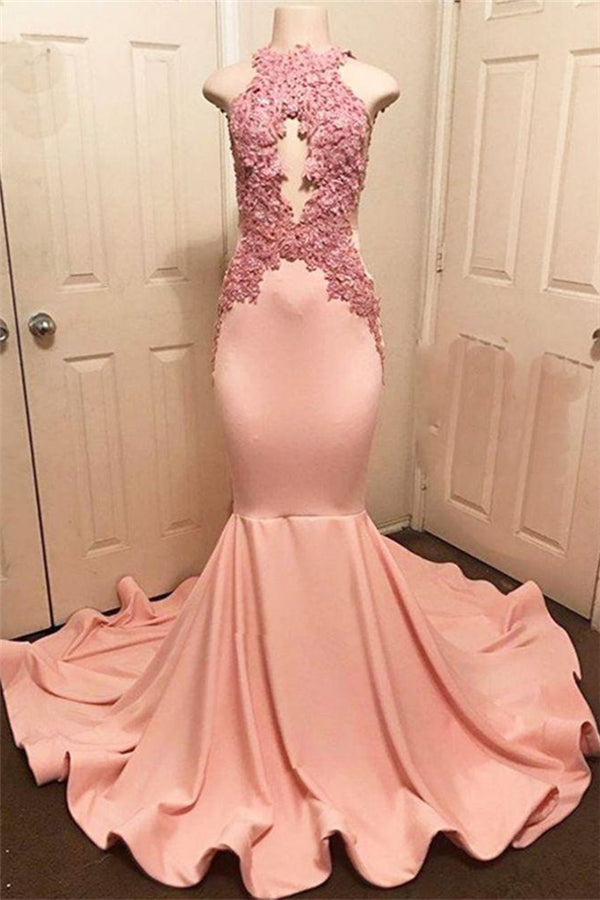 Halter Pink Lace Prom Party Gowns| Mermaid Formal Dresses-Ballbella