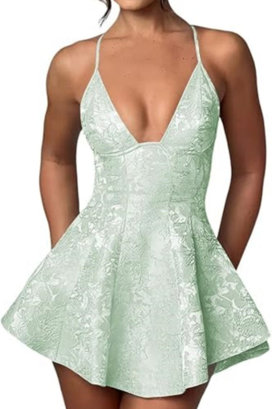Halter Satin Mini Homecoming Dress Ruffle Floral Jacquard Short Party Dress for Girls Halter Satin Mini Homecoming Dress Ruffle Floral Jacquard Short Party Dress for Girls