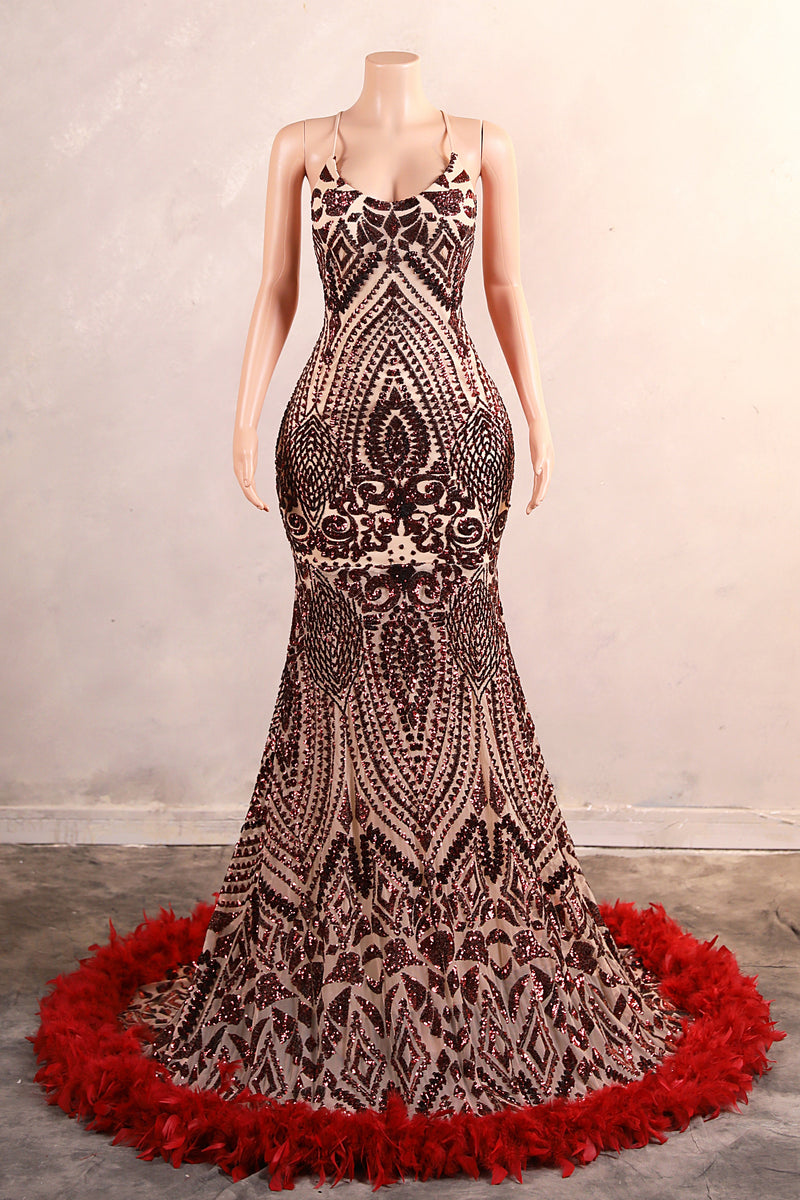 Halter Sequined Sparkle Burgundy Feathers Mermaid Prom Dresses-Ballbella