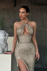Halter Sequins Mermaid Prom Dress Sleeveless With Slit-Ballbella