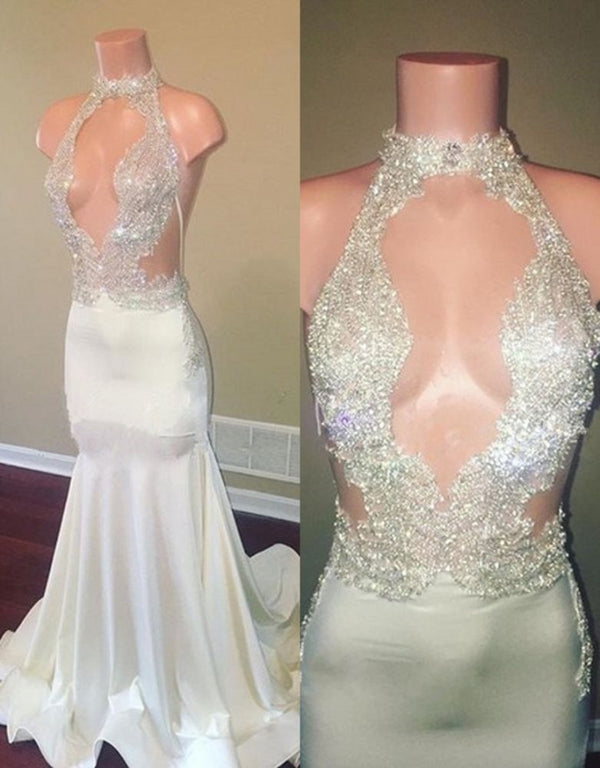 Ballbella offers Halter Sleeveless Sheer Appliques High Neck Mermaid Prom Dresses at a cheap price from  Mermaid hem. Gorgeous yet affordable Sleeveless Real Model Series.