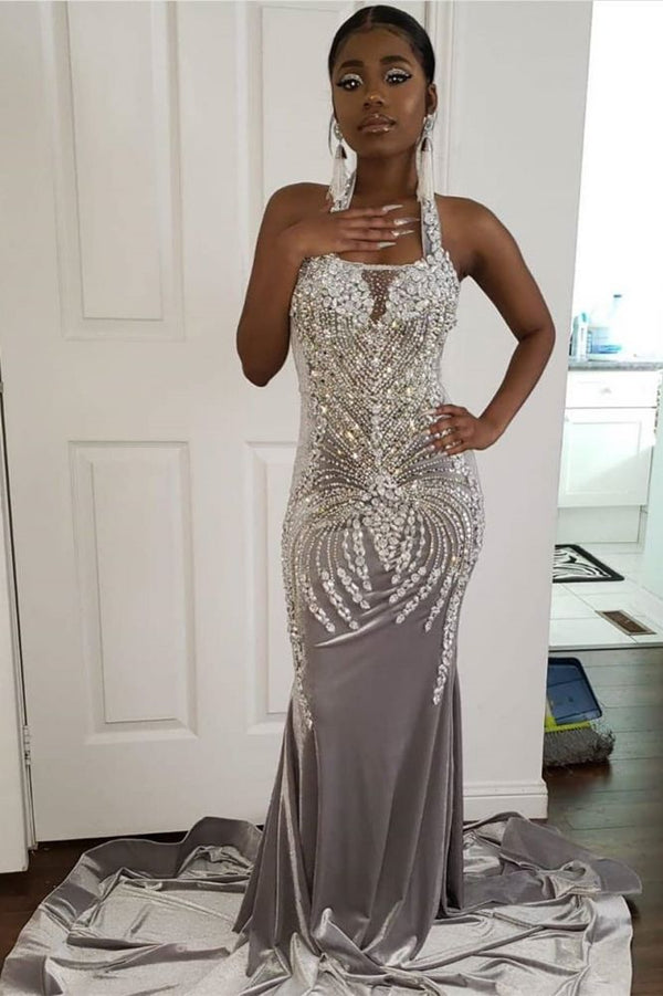 Ballbella offers Halter Sparkle Crystal Sliver Prom Dresses Fit and Flare Alluring Backless Evening Gowns On Sale at an affordable price from to Mermaid skirts. Shop for gorgeous Sleeveless collections for your big day.