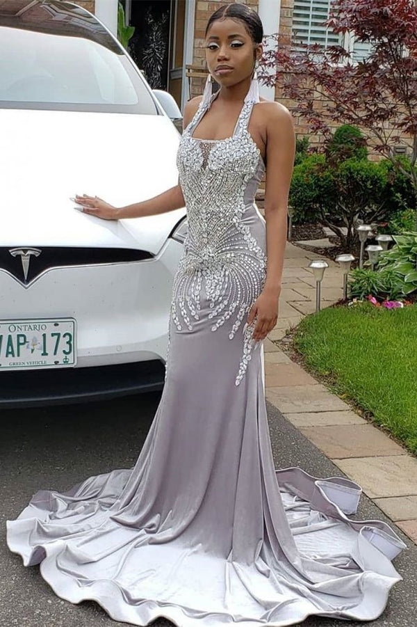 Ballbella offers Halter Sparkle Crystal Sliver Prom Dresses Fit and Flare Alluring Backless Evening Gowns On Sale at an affordable price from to Mermaid skirts. Shop for gorgeous Sleeveless collections for your big day.