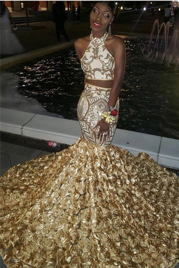 Looking for Prom Dresses, Evening Dresses in Sequined,  Mermaid, Two Pieces style,  and Gorgeous Flower(s) work? Ballbella has all covered on this elegant Halter Two-piece Golden Appliques Mermaid 3D-floral Train Prom Dresses.