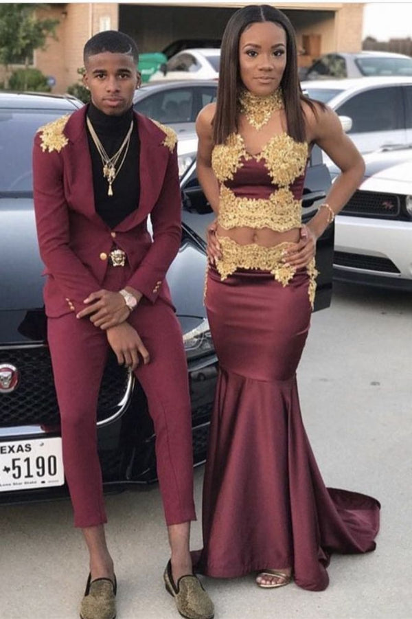 Ballbella offers Halter Two-piece Golden Appliques Mermaid Prom Dresses at a cheap price from  to Mermaid, Two Pieces Floor-length hem. Gorgeous yet affordable Prom Dresses, Evening Dresses.