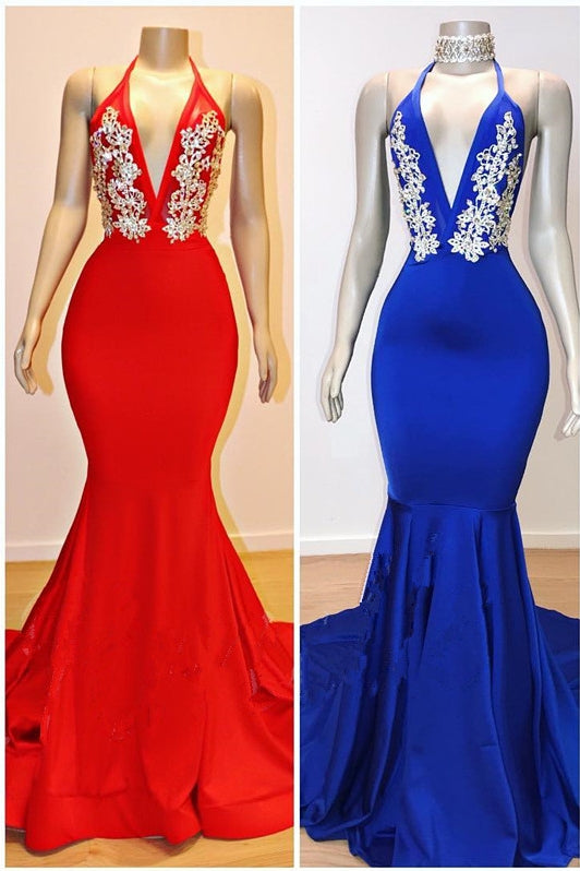 Ballbella offers Halter V-neck Appliques Mermaid Long Eveing Gowns at a cheap price from  Mermaid to Floor-length hem. Gorgeous yet affordable Real Model Series.