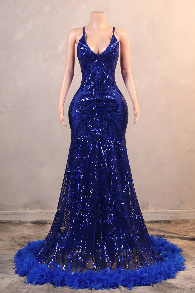 Halter V-neck Royal Blue Sequin Sparkle Feathers Prom Dresses Halter V-neck Royal Blue Sequin Sparkle Feathers Prom Dresses
