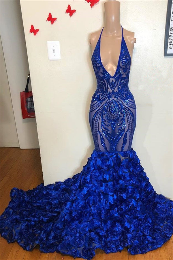Ballbella offers Halter V-neck Sequins Flower Button Mermaid Prom Dresses at a cheap price from  Sequined to Mermaid hem.. Shop for Gorgeous yet affordable Real Model Series.