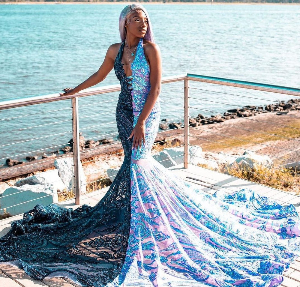 Halter V-neck Sleeveless Court Train Half Navy Blue Prom Dresses Halter V-neck Sleeveless Court Train Half Navy Blue Prom Dresses