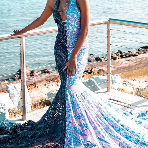 blue prom dress with bow Blue Sequin Tulle Prom Dresses with Puffed Sleeve, V-Neck, Formal Dres –  vigocouture main image 1