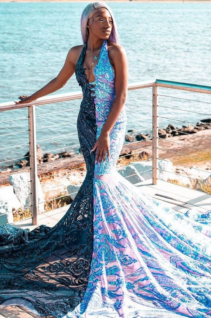 Halter V-neck Sleeveless Court Train Half Navy Blue Prom Dresses-Ballbella