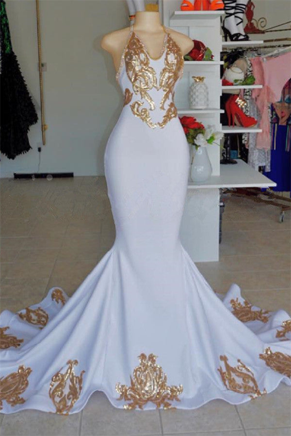 Ballbella has a great collection of Prom Dresses, Real Model Series at an affordable price. Welcome to buy high quality Halter V-Neck Sleeveless Gold Appliques Prom Party Gowns, Real Model Series from Ballbella.