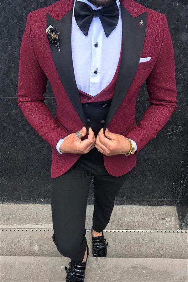 Henry Burgundy Slim Fit Peaked Lapel Three-Piece Men Suits Online-Ballbella