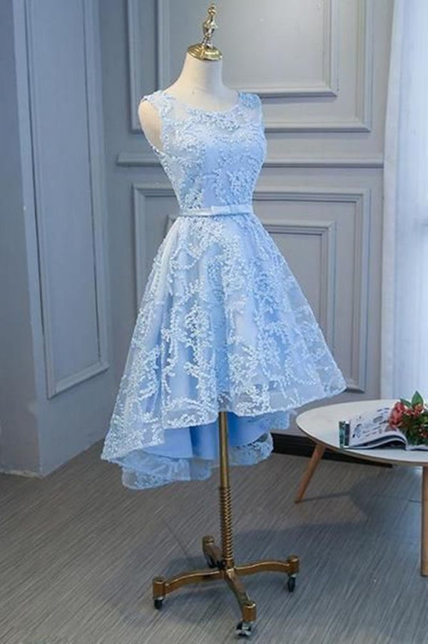 Ballbella offers Hi-lo Homecoming Dress Short Sky Blue Sleeveless Floral Appliques A-line Mini Dress at a good price from  Tulle, Lace to Mini hem. Gorgeous yet affordable Sleeveless Homecoming Dresses.