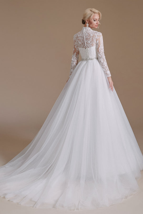 High Collar Lace Applique Long Sleeves Floor Length Wedding Dress | Ballbella Design-Ballbella