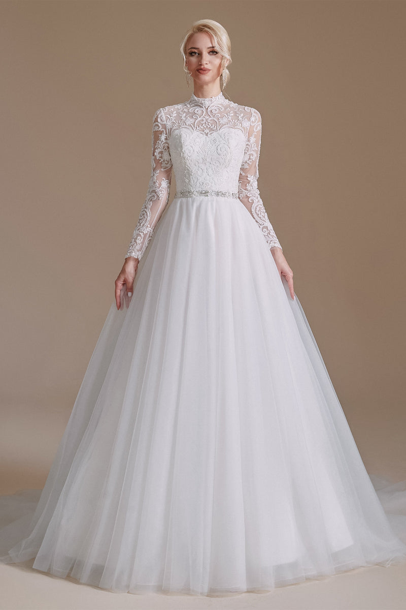 High Collar Lace Applique Long Sleeves Floor Length Wedding Dress | Ballbella Design, US2 High Collar Lace Applique Long Sleeves Floor Length Wedding Dress | Ballbella Design, US2