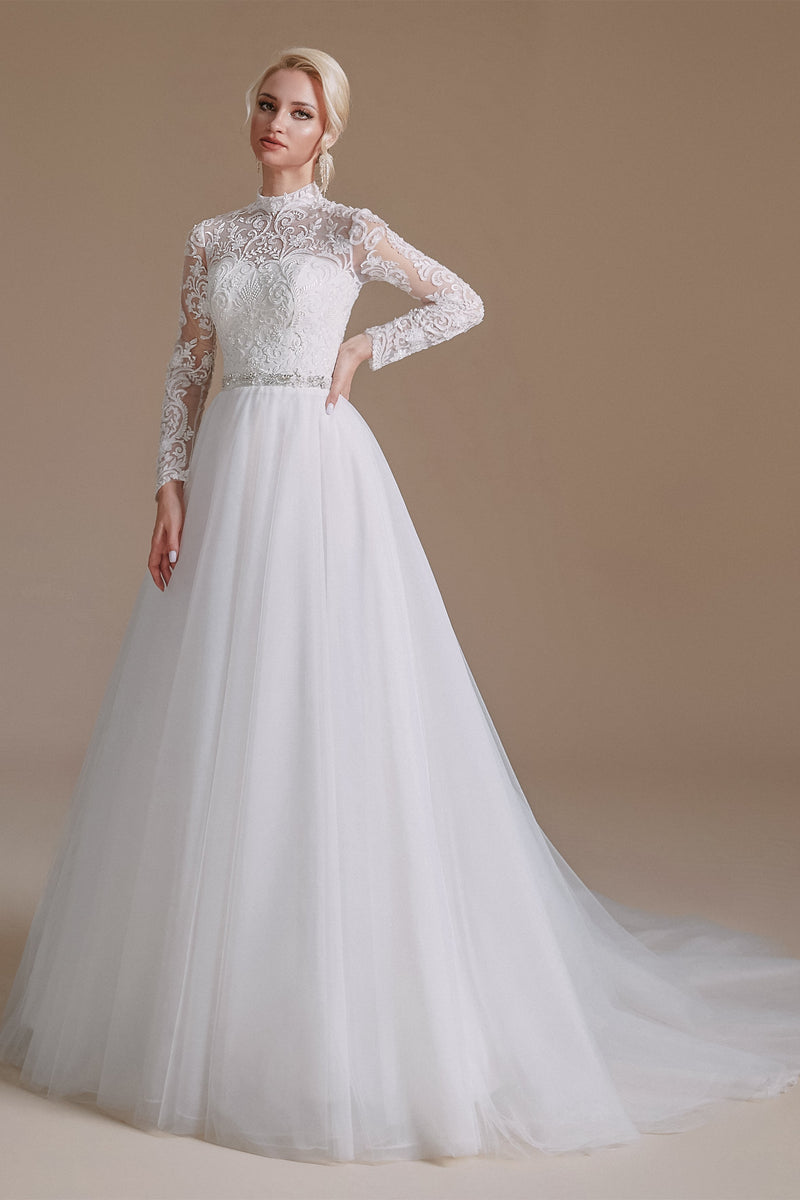 High Collar Lace Applique Long Sleeves Floor Length Wedding Dress | Ballbella Design, US2 High Collar Lace Applique Long Sleeves Floor Length Wedding Dress | Ballbella Design, US2
