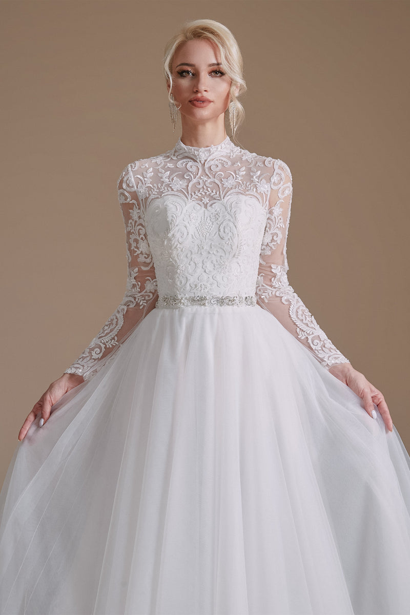 High Collar Lace Applique Long Sleeves Floor Length Wedding Dress | Ballbella Design, US2 High Collar Lace Applique Long Sleeves Floor Length Wedding Dress | Ballbella Design, US2