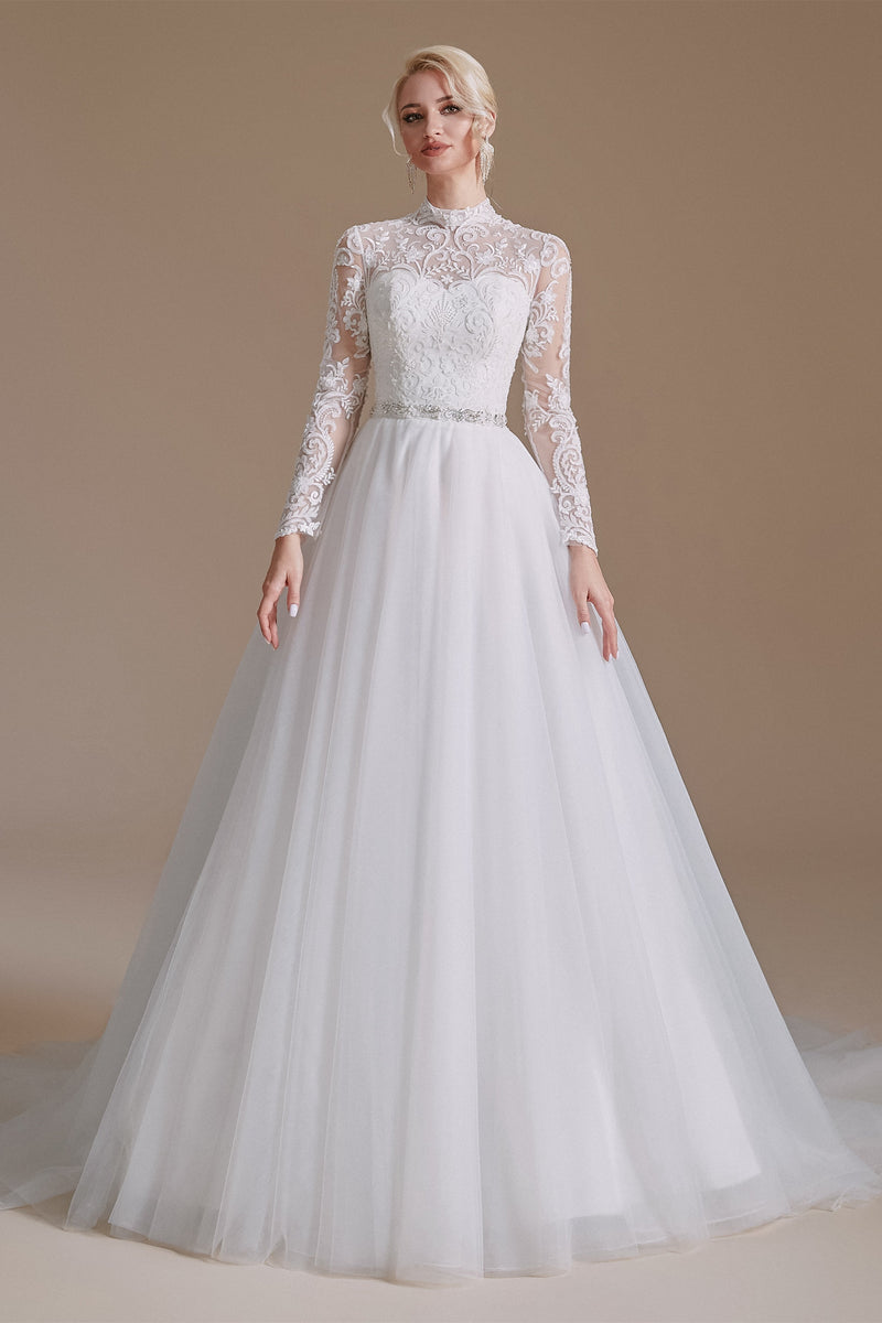High Collar Lace Applique Long Sleeves Floor Length Wedding Dress | Ballbella Design, US2 High Collar Lace Applique Long Sleeves Floor Length Wedding Dress | Ballbella Design, US2