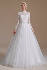 High Collar Lace Applique Long Sleeves Floor Length Wedding Dress | Ballbella Design-Ballbella