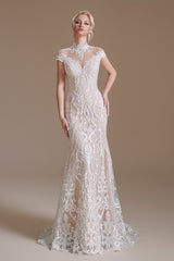 High Collar Lace Long Cap Sleeves Mermaid Wedding Dress | Ballbella Design-Ballbella