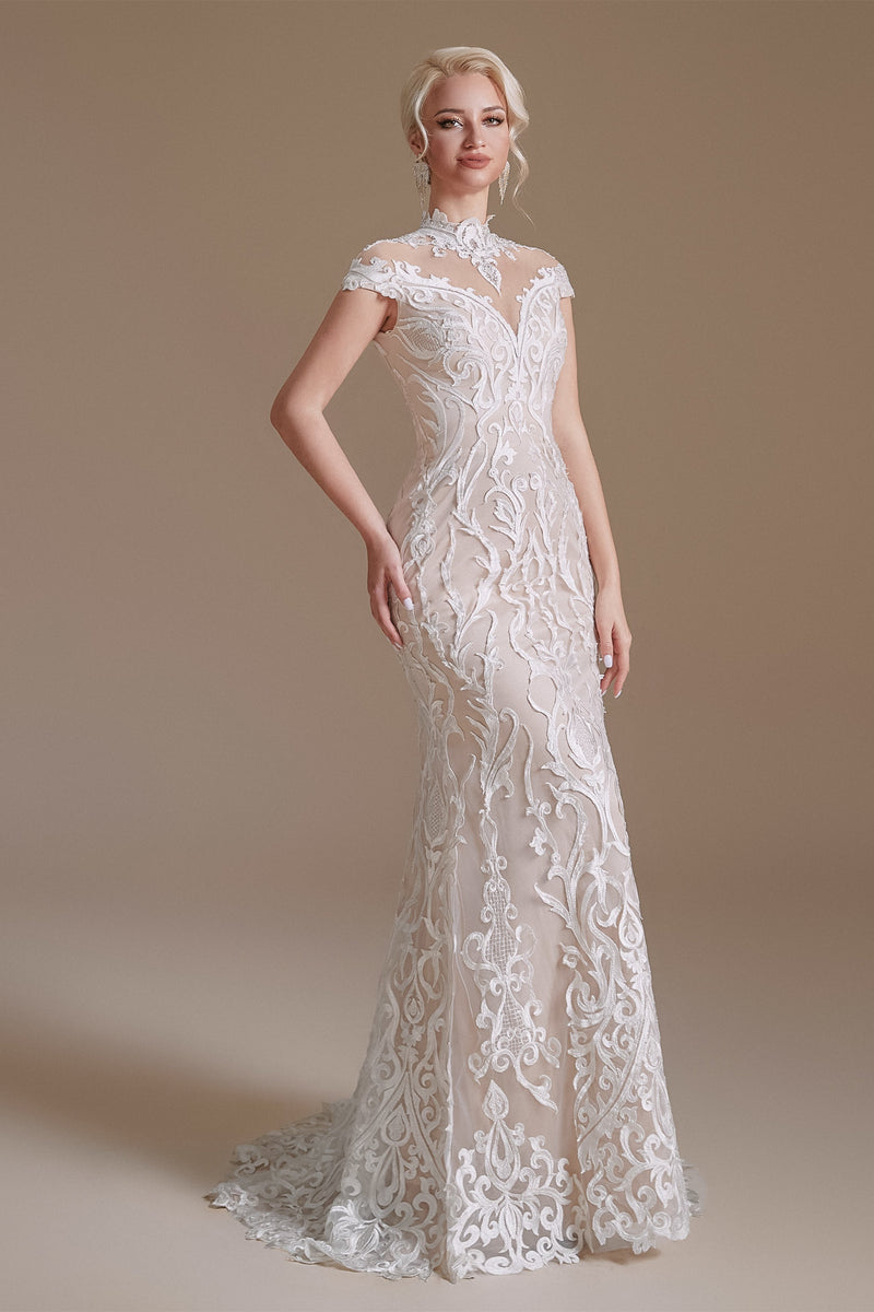 High Collar Lace Long Cap Sleeves Mermaid Wedding Dress | Ballbella Design-Ballbella