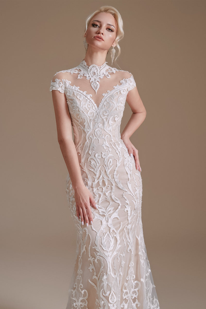 High Collar Lace Long Cap Sleeves Mermaid Wedding Dress | Ballbella Design-Ballbella
