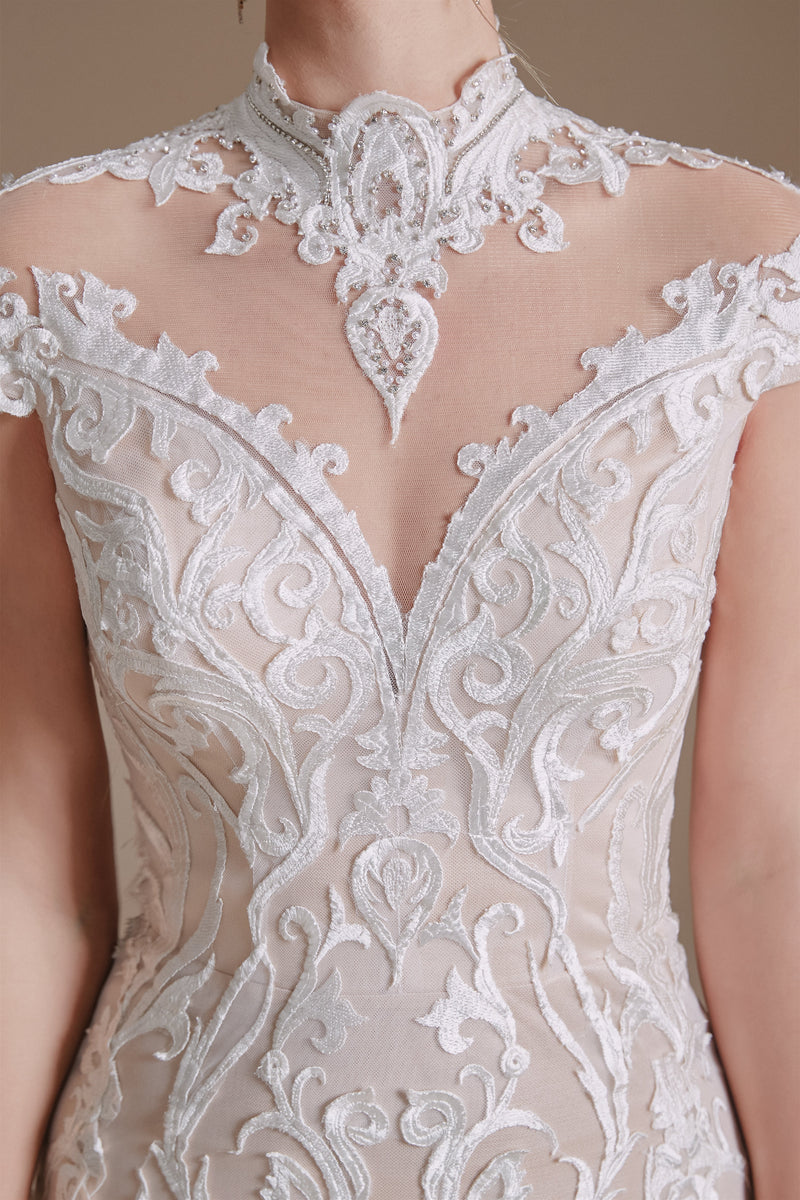 High Collar Lace Long Cap Sleeves Mermaid Wedding Dress | Ballbella Design-Ballbella