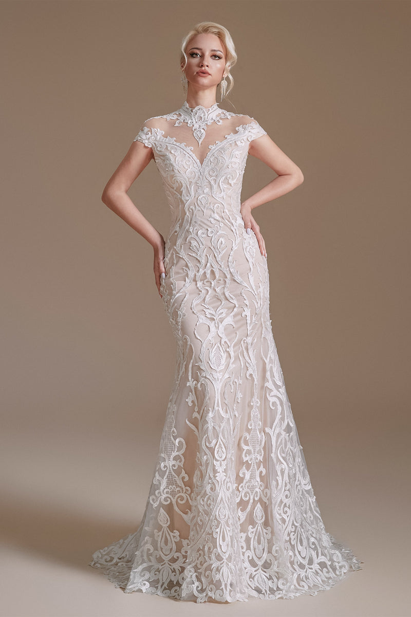 High Collar Lace Long Cap Sleeves Mermaid Wedding Dress | Ballbella Design, US2 High Collar Lace Long Cap Sleeves Mermaid Wedding Dress | Ballbella Design, US2