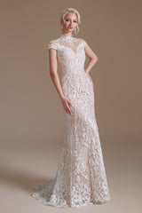 High Collar Lace Long Cap Sleeves Mermaid Wedding Dress | Ballbella Design-Ballbella