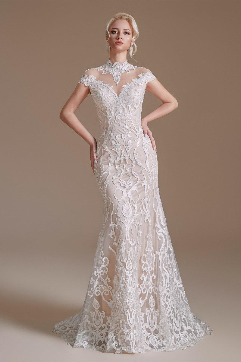 High Collar Lace Long Cap Sleeves Mermaid Wedding Dress | Ballbella Design-Ballbella
