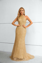 High Collar Mermaid Floor-length Sleeveless Backless Appliques Lace Modest Prom Dress-Ballbella